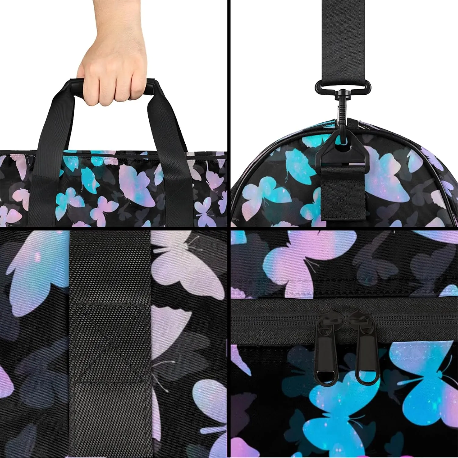 Personalized Butterfly Duffel Bag with Shoes Compartment Custom Name Travel Sports Bag for Women Men Waterproof Dance Ballet Bag Lightweight, Blue Pink Glitter