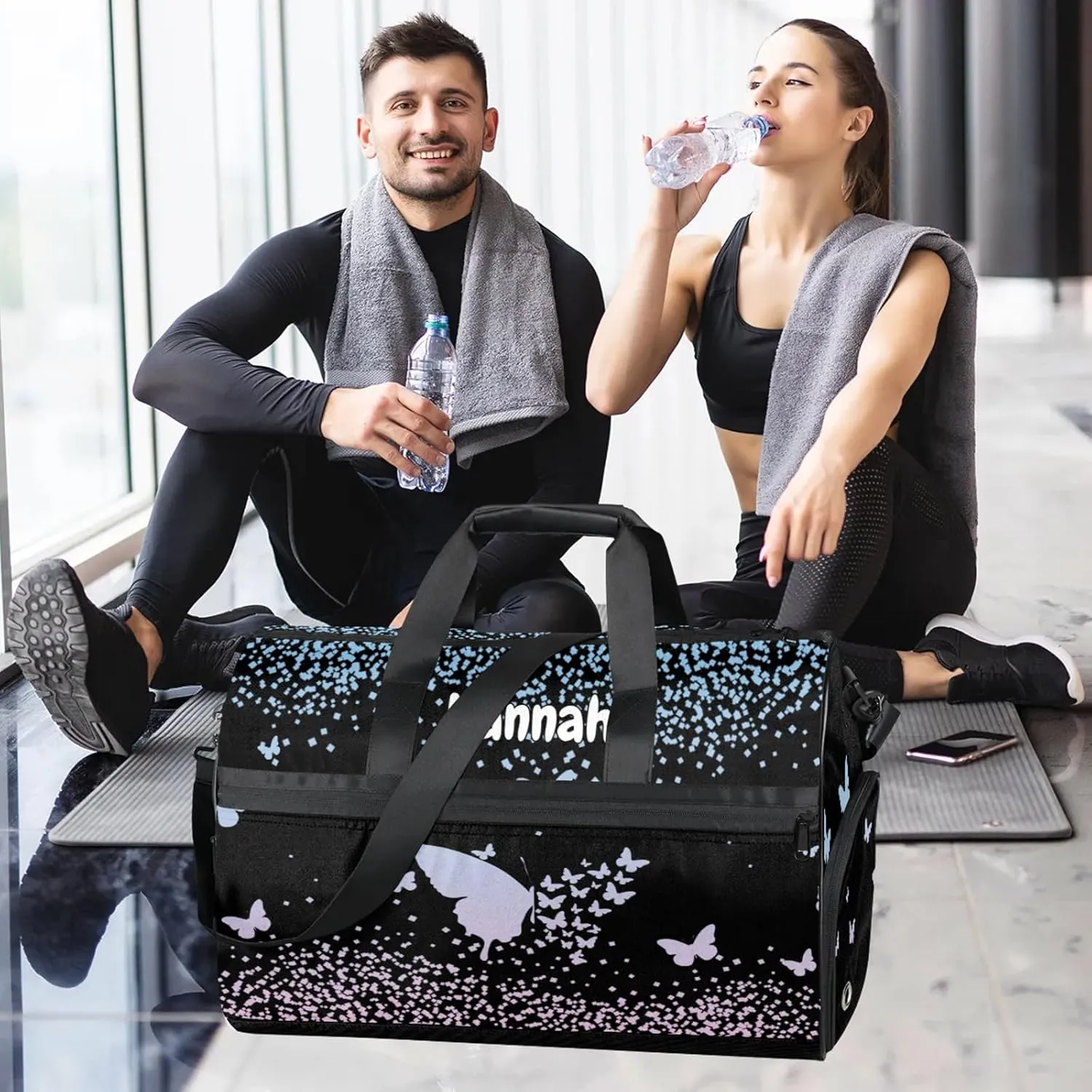 Personalized Duffel Bag with Name Butterfly Custom Travel Sports Bag with Shoes Compartment for Women Men Waterproof Dance Ballet Bag Lightweight, Sky Blue Pink