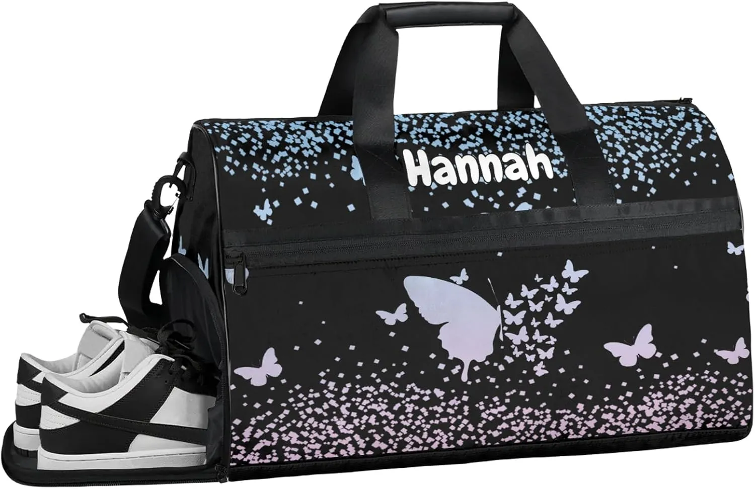 Personalized Duffel Bag with Name Butterfly Custom Travel Sports Bag with Shoes Compartment for Women Men Waterproof Dance Ballet Bag Lightweight, Sky Blue Pink