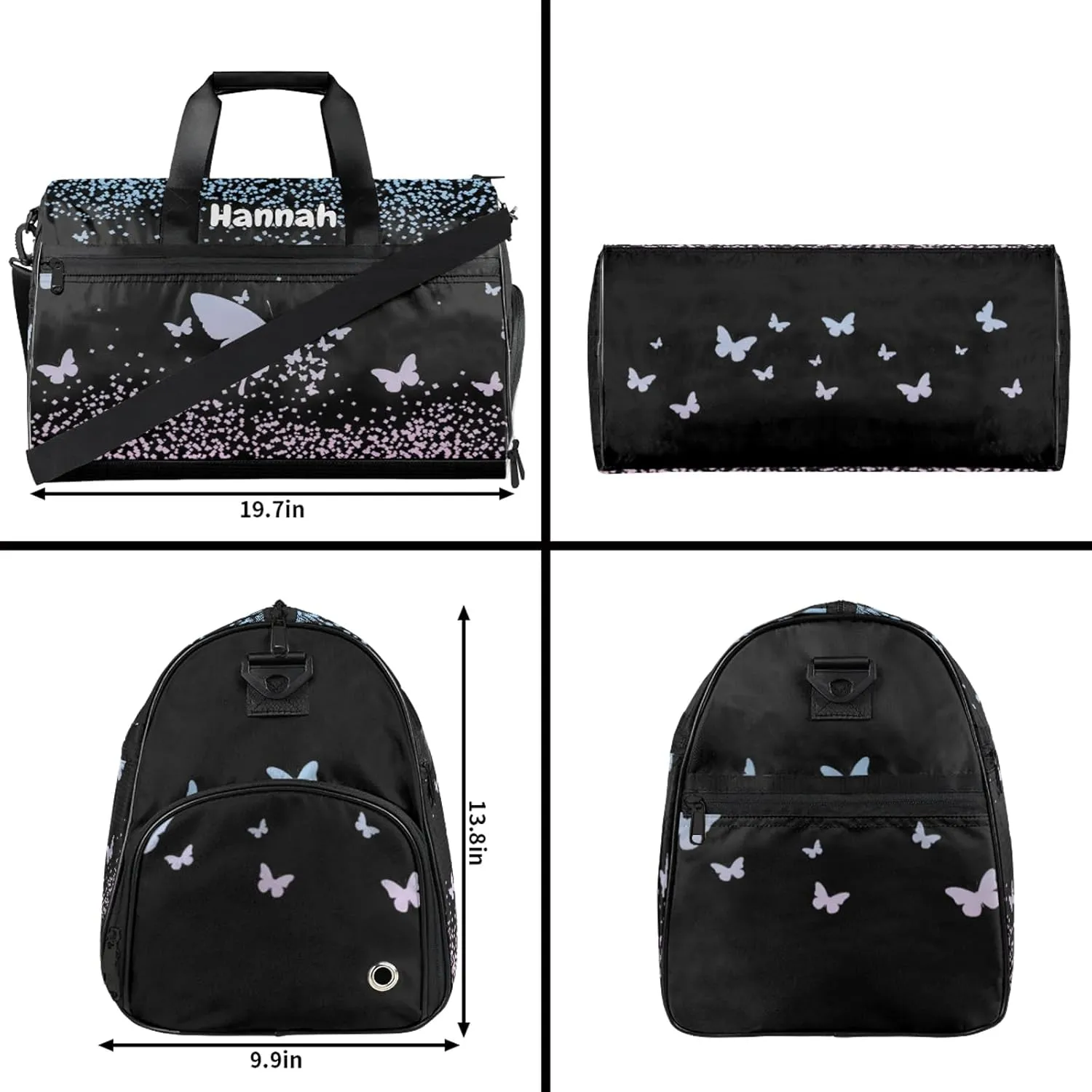 Personalized Duffel Bag with Name Butterfly Custom Travel Sports Bag with Shoes Compartment for Women Men Waterproof Dance Ballet Bag Lightweight, Sky Blue Pink