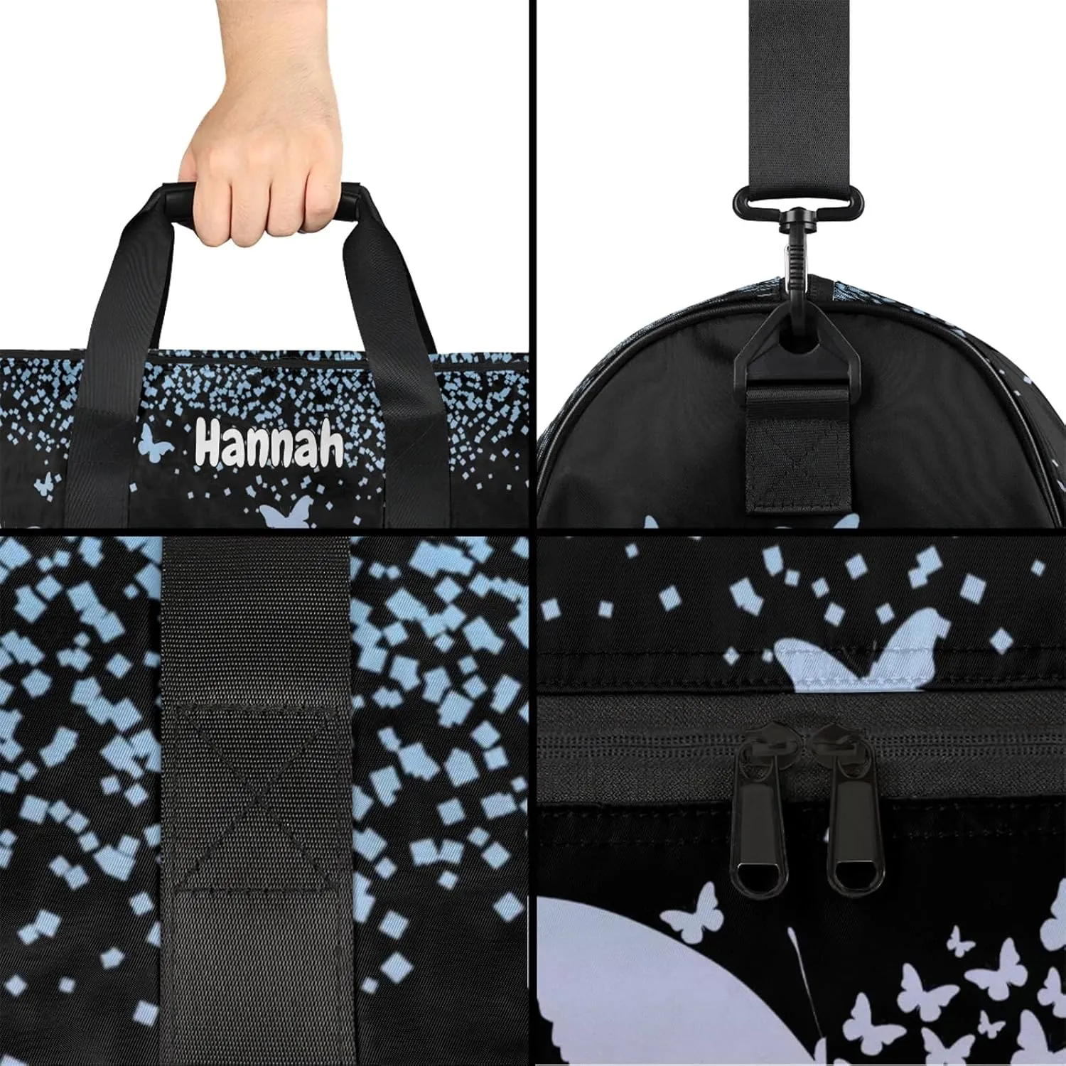 Personalized Duffel Bag with Name Butterfly Custom Travel Sports Bag with Shoes Compartment for Women Men Waterproof Dance Ballet Bag Lightweight, Sky Blue Pink