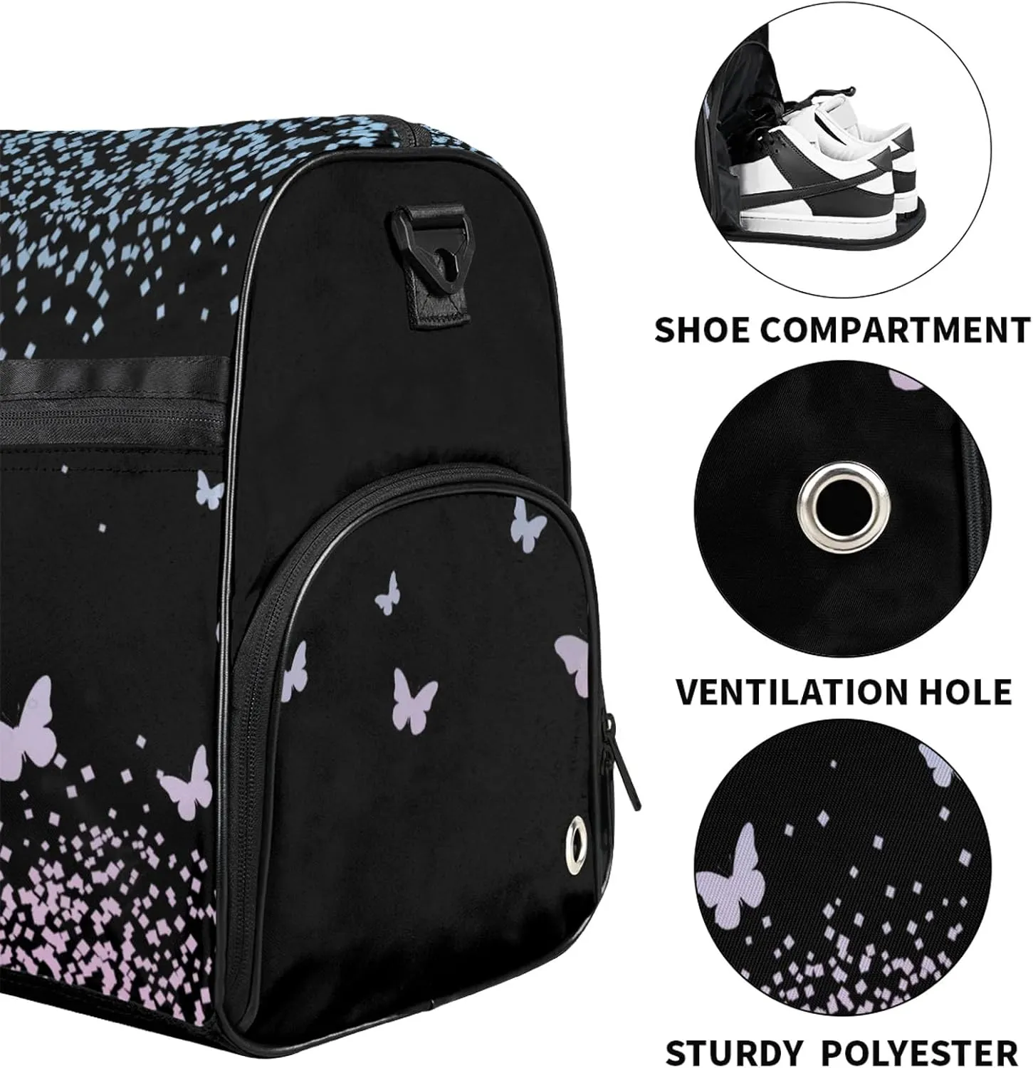 Personalized Duffel Bag with Name Butterfly Custom Travel Sports Bag with Shoes Compartment for Women Men Waterproof Dance Ballet Bag Lightweight, Sky Blue Pink