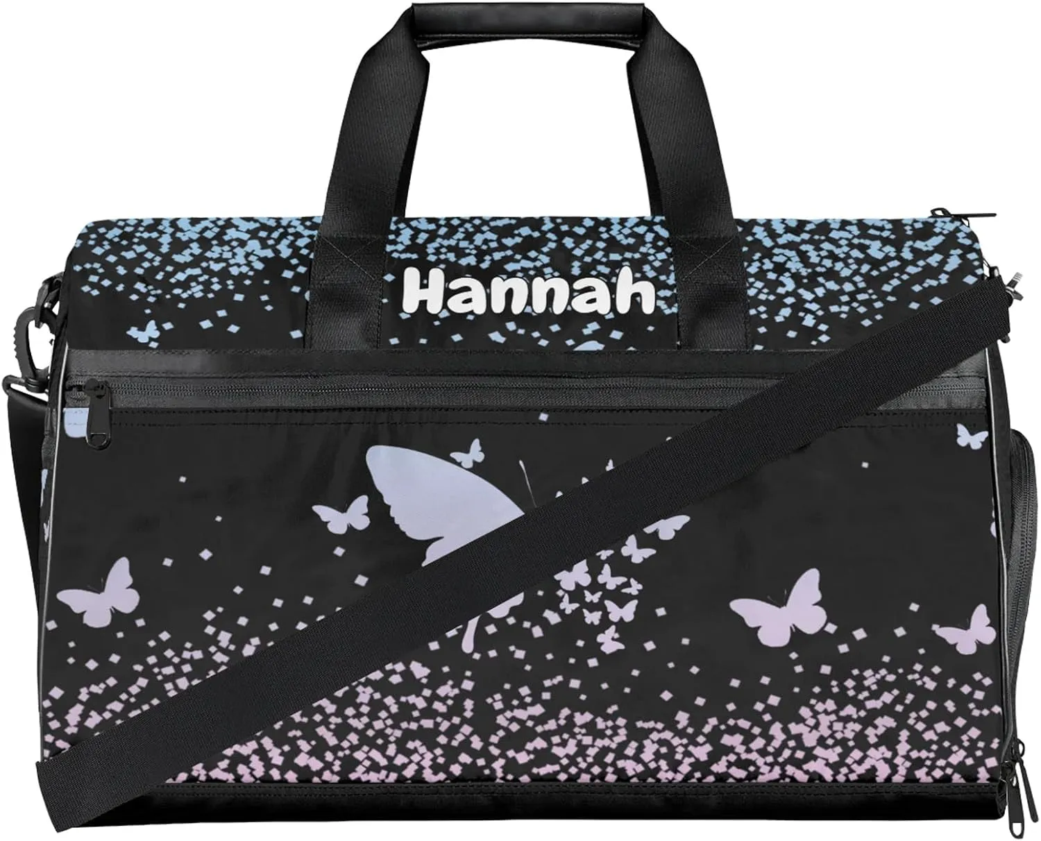 Personalized Duffel Bag with Name Butterfly Custom Travel Sports Bag with Shoes Compartment for Women Men Waterproof Dance Ballet Bag Lightweight, Sky Blue Pink