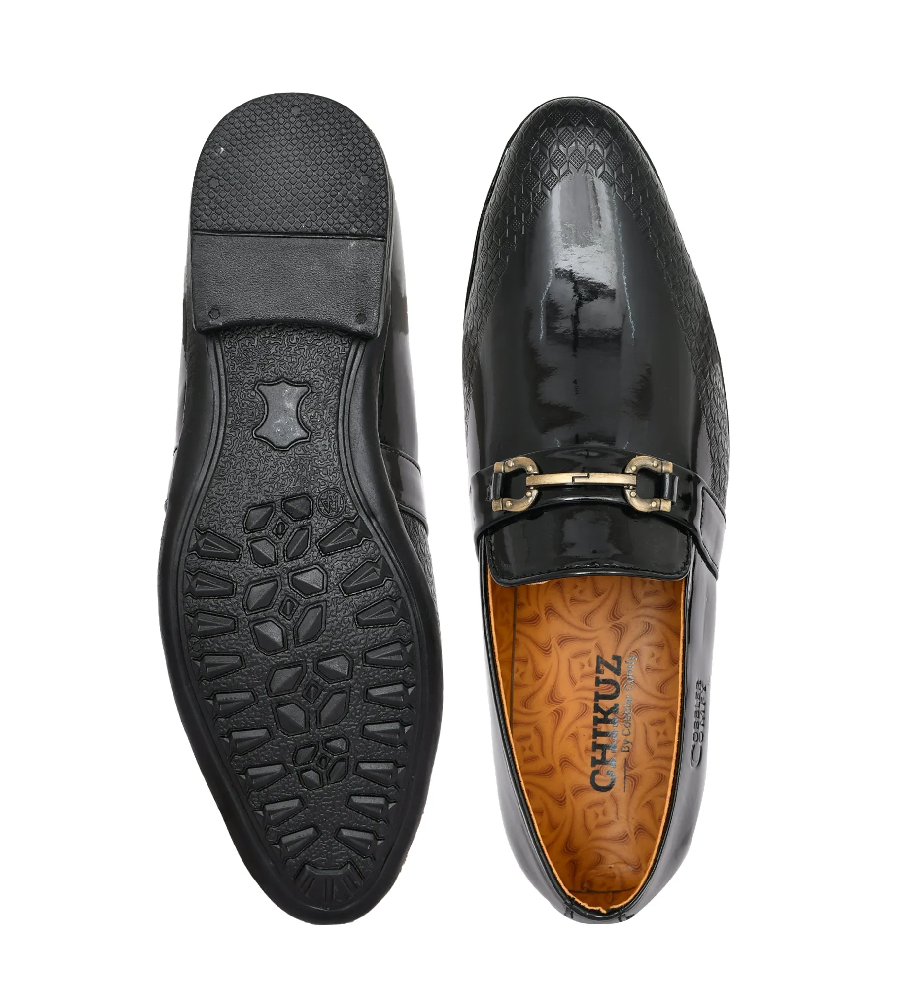 Pointed-toe Shiny Slip-ons for Men with Embossed Pattern  Black