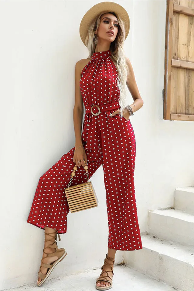 Polka Dots Print Funnel Neck Belted Jumpsuit