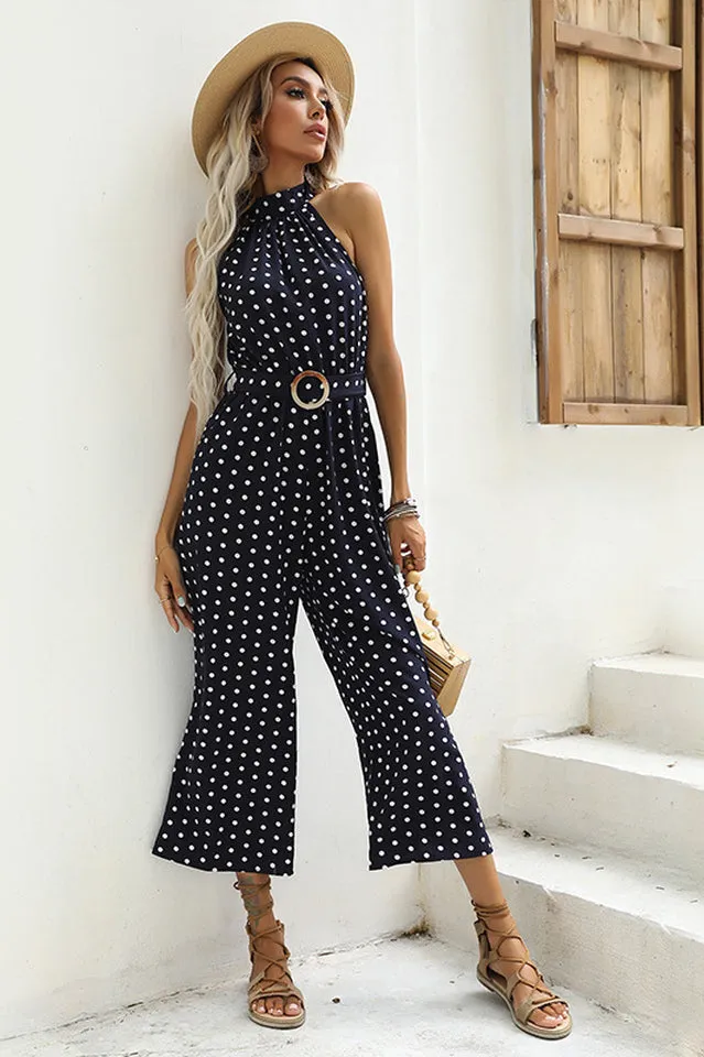 Polka Dots Print Funnel Neck Belted Jumpsuit