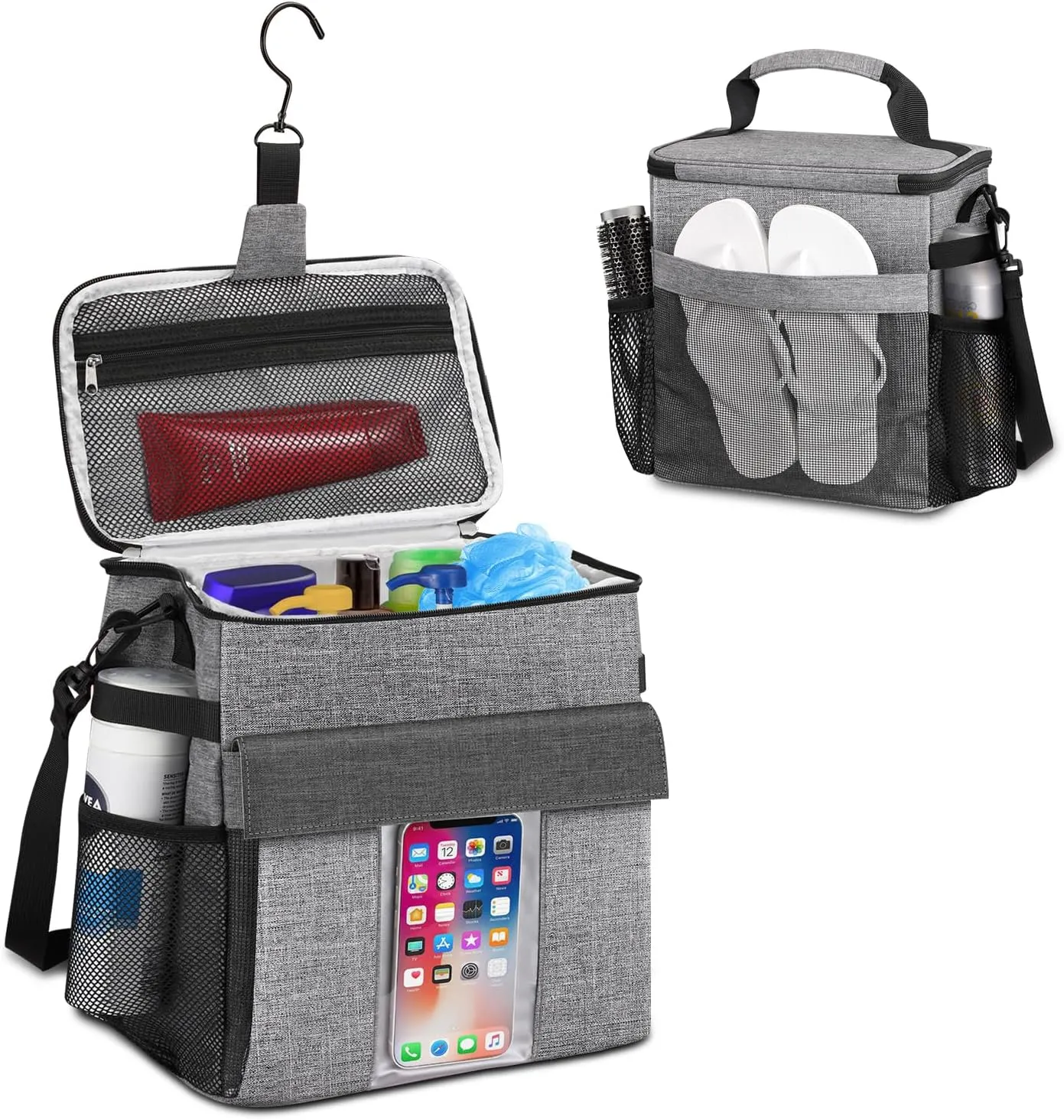Portable Shower Caddy Tote Bag, Large Quick Dry Mesh Hanging Shower Organizer Toiletry Bag with Wet & Dry Shoes Compartment for College Dorm Gym Swimming Camping Travel, Gray