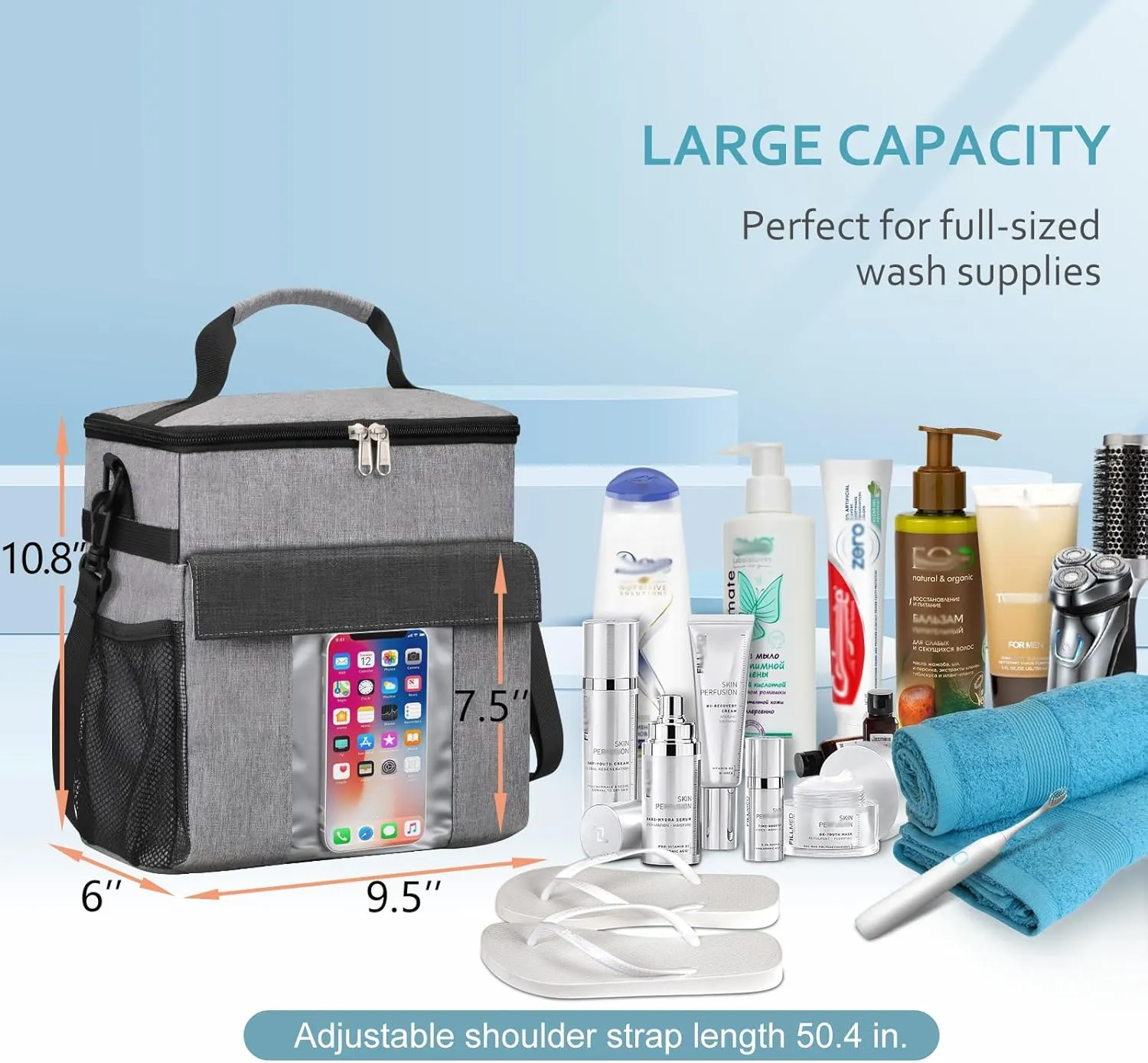 Portable Shower Caddy Tote Bag, Large Quick Dry Mesh Hanging Shower Organizer Toiletry Bag with Wet & Dry Shoes Compartment for College Dorm Gym Swimming Camping Travel, Gray