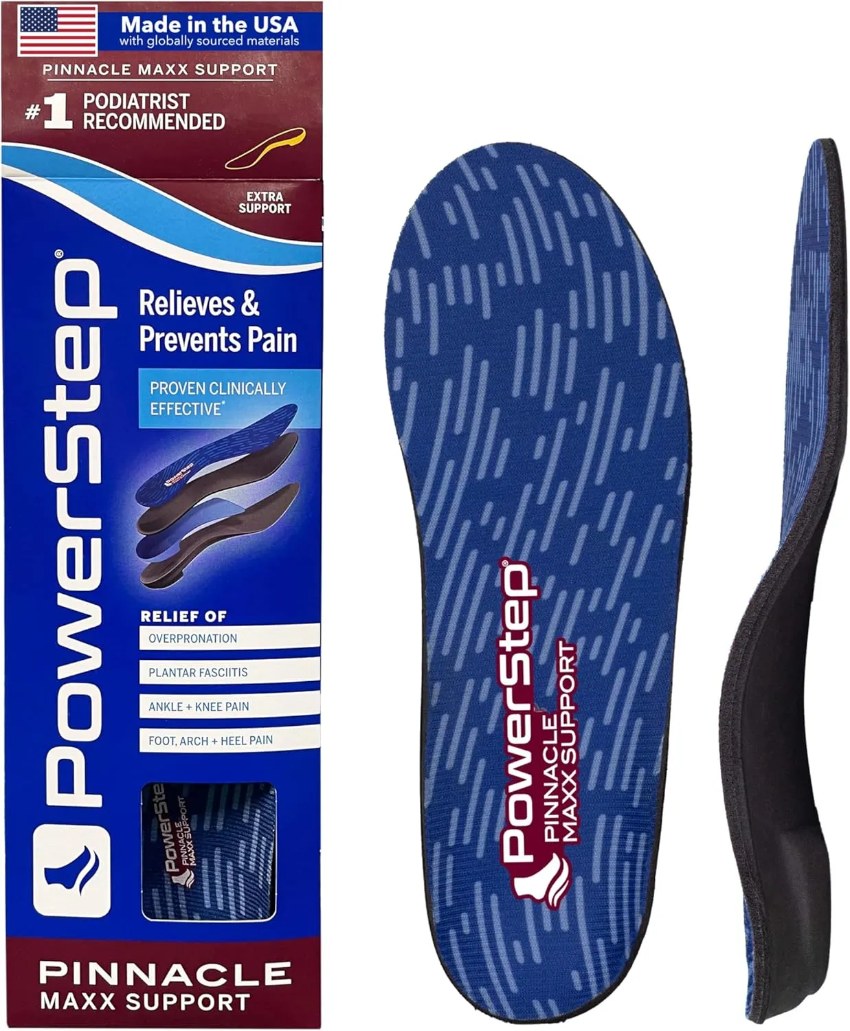 PowerStep Pinnacle Maxx Orthotic Insoles - for Maximum Stability & Comfort - Firm   Flexible Angled Heel Style to Help Flat Feet & Overpronation - Heavy Duty Inserts - Made in USA (M 11-11.5)