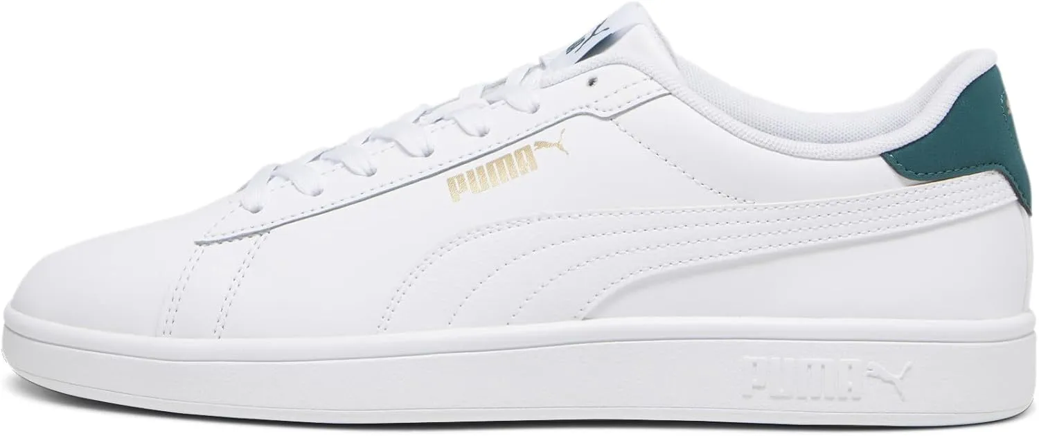 PUMA Mens Smash 3.0 Leather Sneaker, PUMA Mens White-Malachite-PUMA Mens Gold, 13