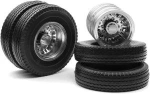 Rc Car Wheel Rim Tire Compatible with Tamiya 1/14 RC Trailer Tractor Truck Car Parts Metal Rear Wheel Hub Rims with 22mm/25mm Width Rubber Tires(Rear)