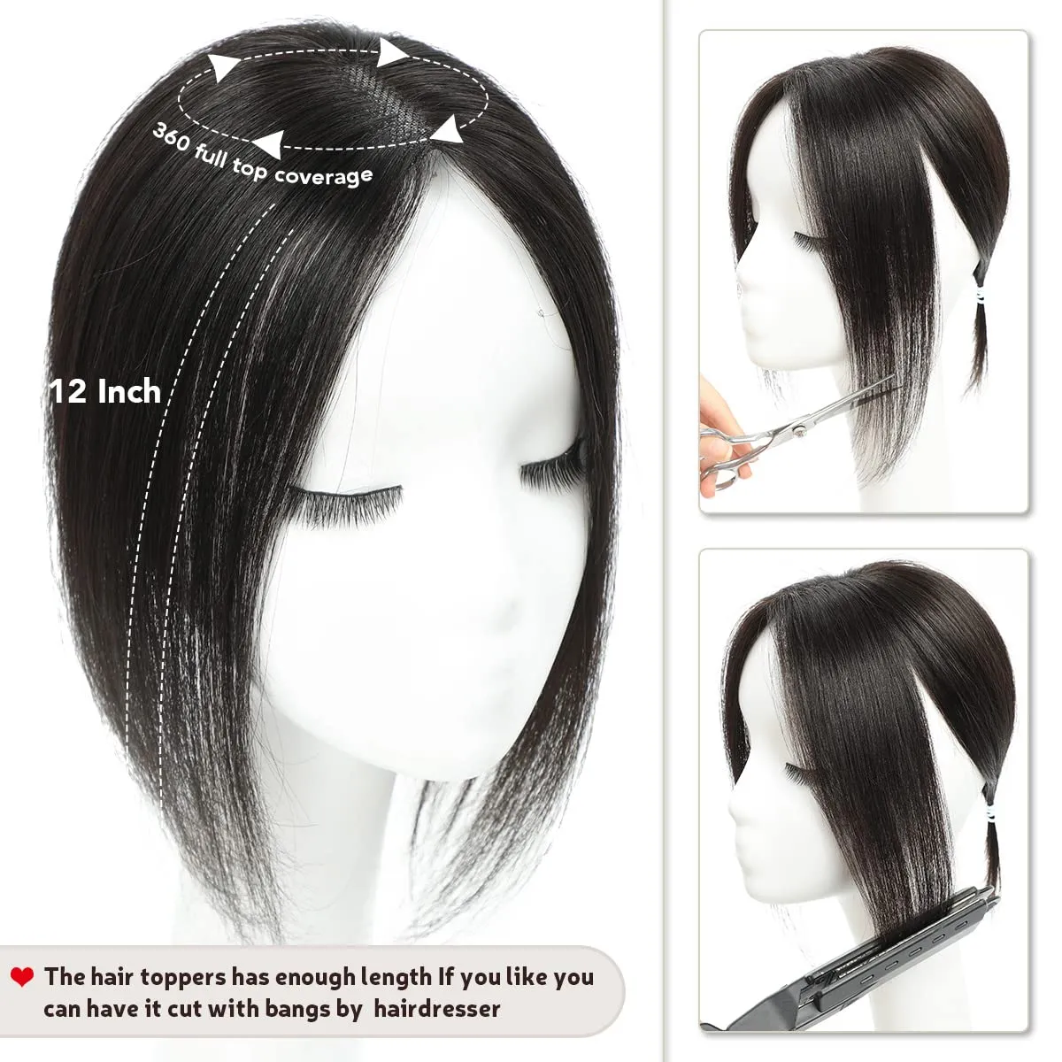 Real Human Hair Toppers for Women - No Bangs, Premium Remy Hair, Lace Base, 12inch