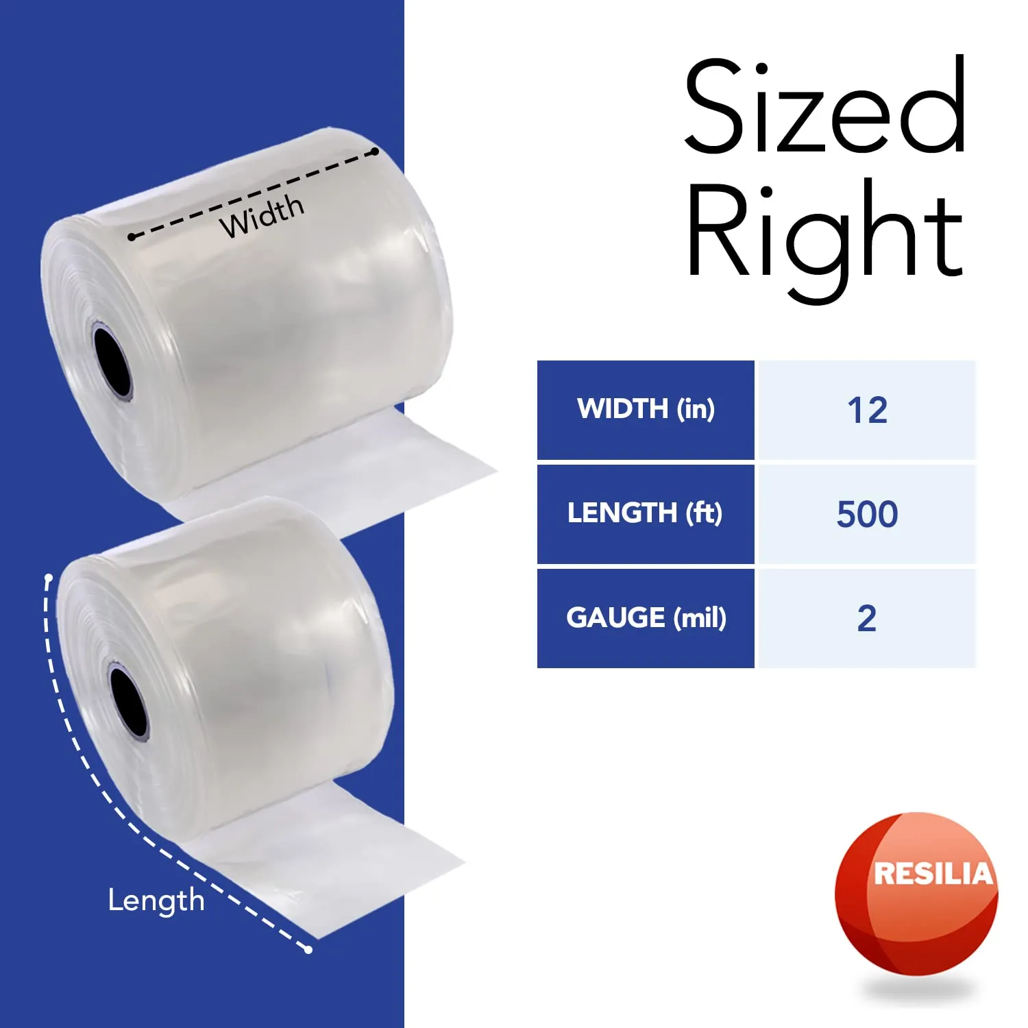 RESILIA Lay Flat Poly Tubing - Food-Grade Polyethylene, Custom Poly Bag Packaging Solution, 12 Inches x 500 Feet, 2-Mil Thickness, 1 Roll, Made in the USA