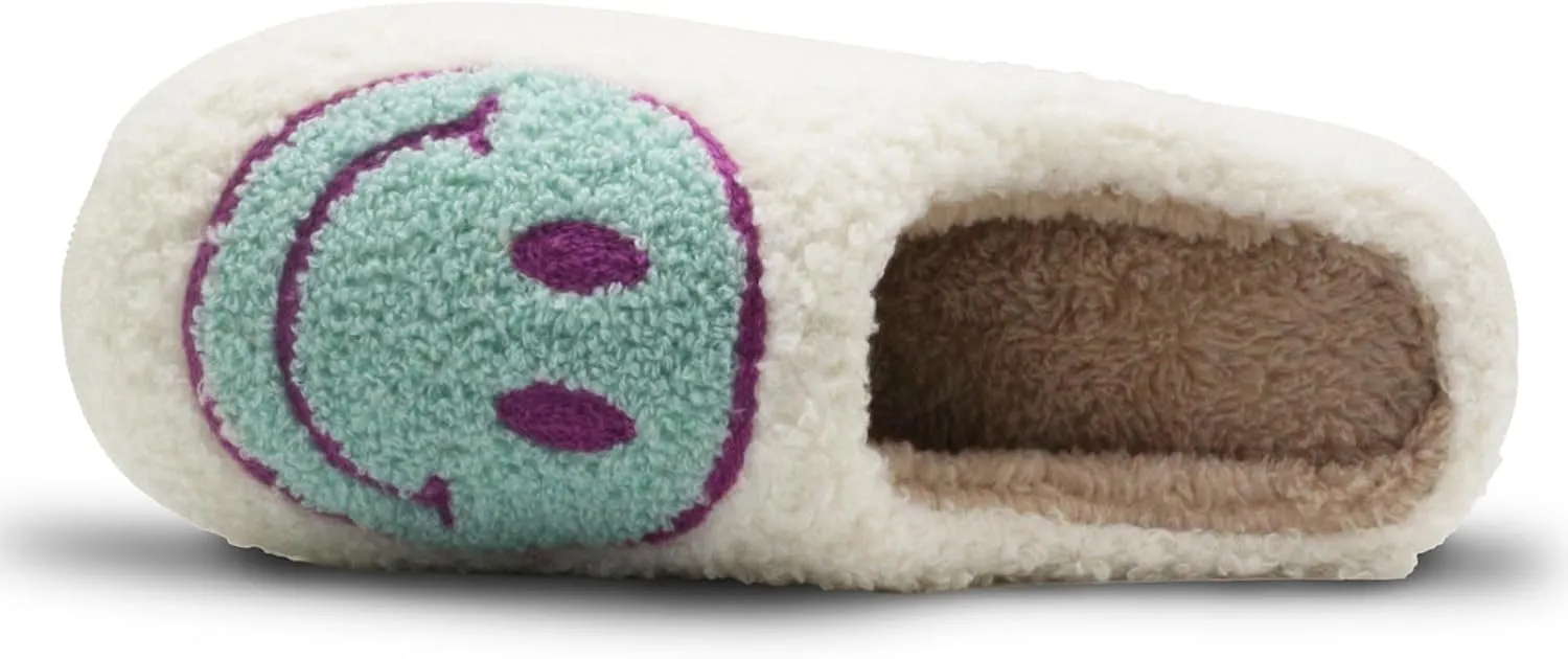 Retro Fuzzy Face Slippers for Women Men, Soft Plush Warm Slip-on Couple Style Casual Happy Face Slippers Cozy Indoor Outdoor Lightweight Anti-Skid Sole Cute House Slippers with Memory Foam