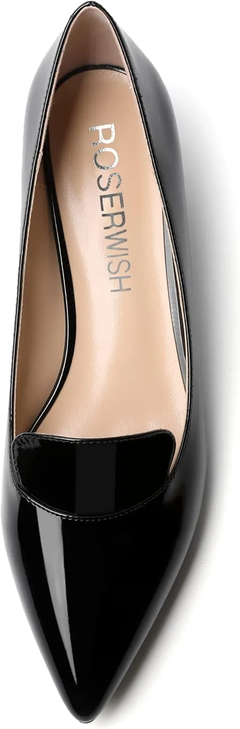 ROSERWISH Womens Office Slip On Pointed Toe Patent Casual Work Kitten Low Heel Pumps Dress Shoes 1.5 Inch