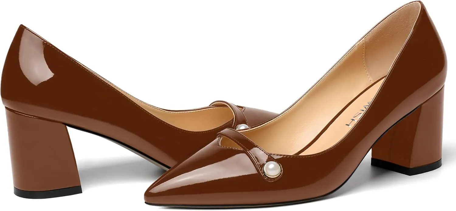 ROSERWISH Womens Patent Party Pointed Toe Slip On Fashion Casual Block Mid Heel Pumps Dress Shoes 2.5 Inch