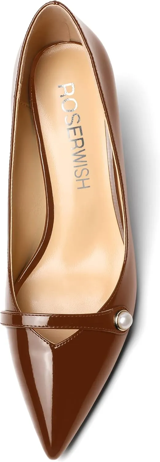 ROSERWISH Womens Patent Party Pointed Toe Slip On Fashion Casual Block Mid Heel Pumps Dress Shoes 2.5 Inch