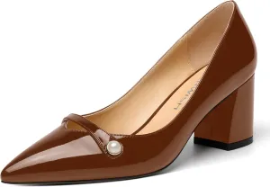 ROSERWISH Womens Patent Party Pointed Toe Slip On Fashion Casual Block Mid Heel Pumps Dress Shoes 2.5 Inch