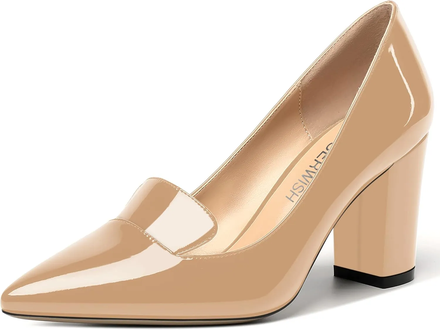 ROSERWISH Womens Pointed Toe Patent Casual Slip On Fashion Work Block High Heel Pumps Dress Shoes 3.5 Inch