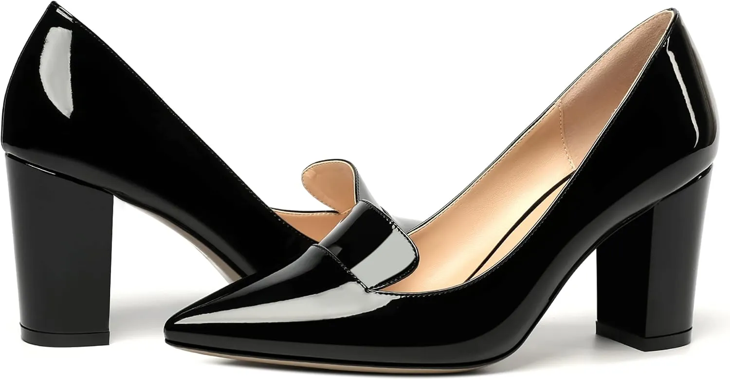 ROSERWISH Womens Pointed Toe Patent Casual Slip On Fashion Work Block High Heel Pumps Dress Shoes 3.5 Inch