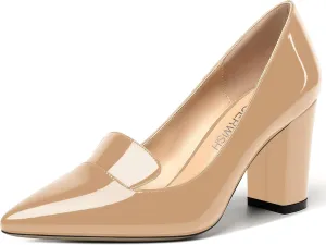 ROSERWISH Womens Pointed Toe Patent Casual Slip On Fashion Work Block High Heel Pumps Dress Shoes 3.5 Inch