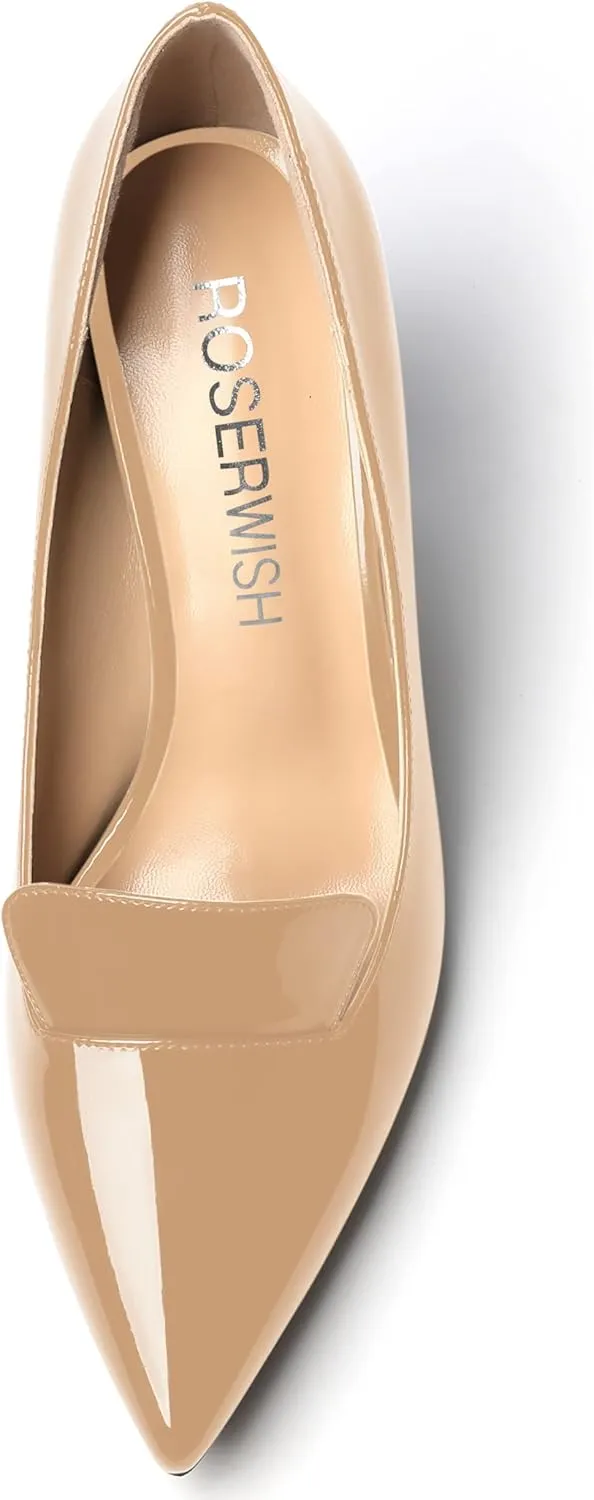 ROSERWISH Womens Pointed Toe Patent Casual Slip On Fashion Work Block High Heel Pumps Dress Shoes 3.5 Inch