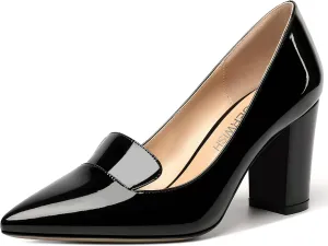 ROSERWISH Womens Pointed Toe Patent Casual Slip On Fashion Work Block High Heel Pumps Dress Shoes 3.5 Inch
