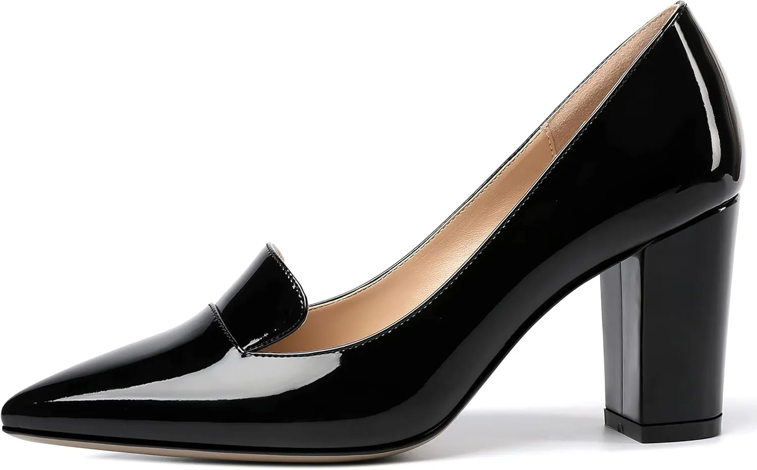 ROSERWISH Womens Pointed Toe Patent Casual Slip On Fashion Work Block High Heel Pumps Dress Shoes 3.5 Inch