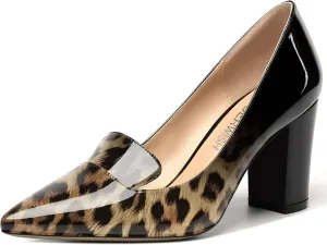 ROSERWISH Womens Pointed Toe Patent Casual Slip On Fashion Work Block High Heel Pumps Dress Shoes 3.5 Inch
