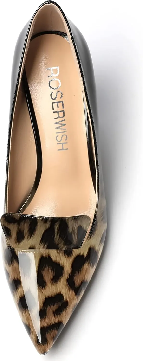 ROSERWISH Womens Pointed Toe Patent Casual Slip On Fashion Work Block High Heel Pumps Dress Shoes 3.5 Inch