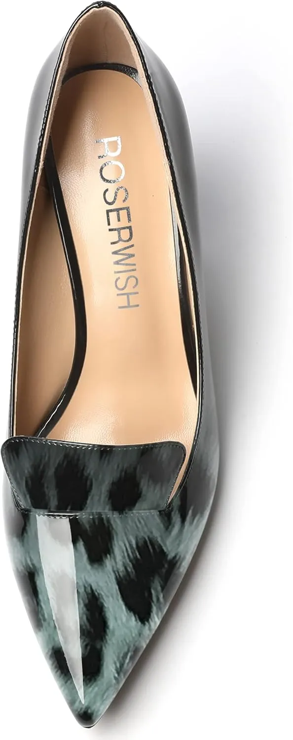 ROSERWISH Womens Pointed Toe Patent Casual Slip On Fashion Work Block High Heel Pumps Dress Shoes 3.5 Inch