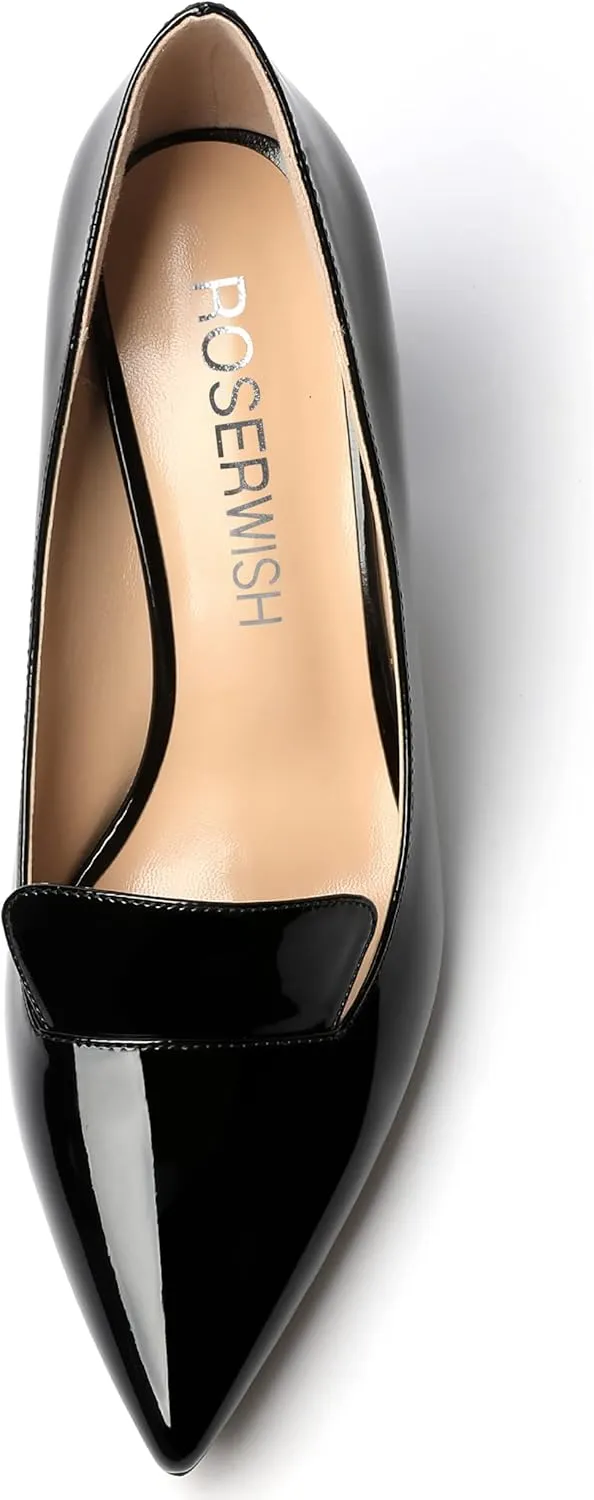 ROSERWISH Womens Pointed Toe Patent Casual Slip On Fashion Work Block High Heel Pumps Dress Shoes 3.5 Inch