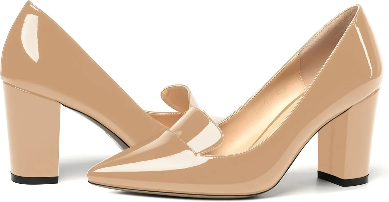 ROSERWISH Womens Pointed Toe Patent Casual Slip On Fashion Work Block High Heel Pumps Dress Shoes 3.5 Inch