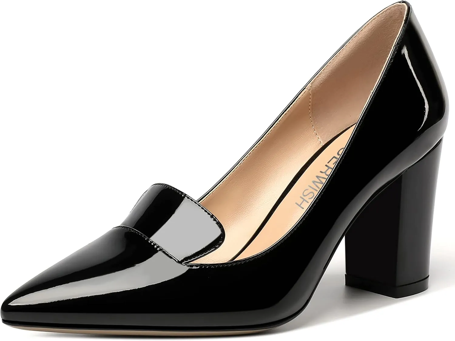 ROSERWISH Womens Pointed Toe Patent Casual Slip On Fashion Work Block High Heel Pumps Dress Shoes 3.5 Inch