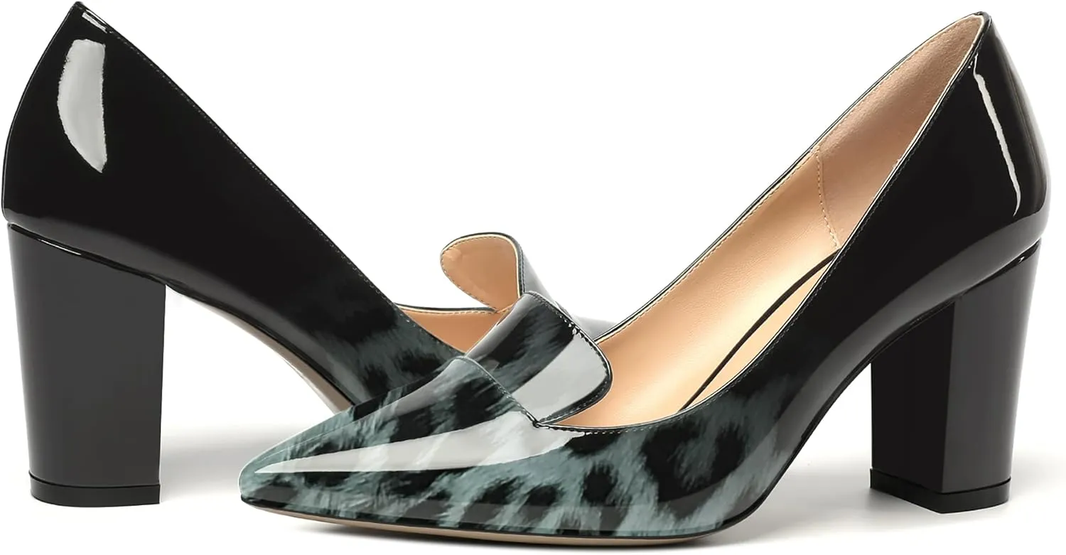ROSERWISH Womens Pointed Toe Patent Casual Slip On Fashion Work Block High Heel Pumps Dress Shoes 3.5 Inch