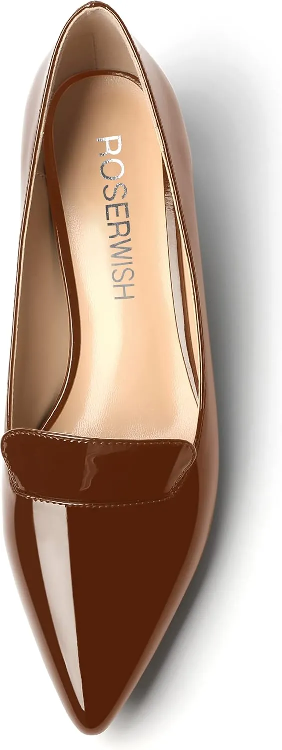 ROSERWISH Womens Slip On Patent Pointed Toe Casual Fashion Work Chunky Low Heel Pumps Shoes 1.5 Inch