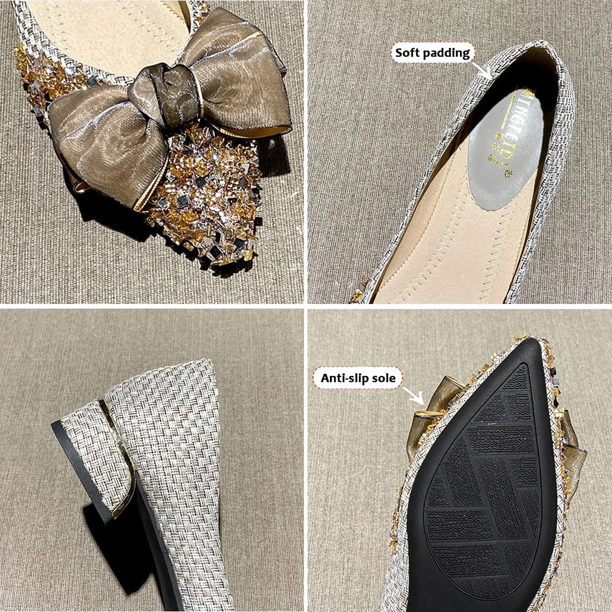 SAFECAMS Rhinestone Chunky Heels for Women's Bow Pumps Low Block Heels Pointed Toe Sexy Slip on Bridal Party Wedding Dress Shoes Pumps