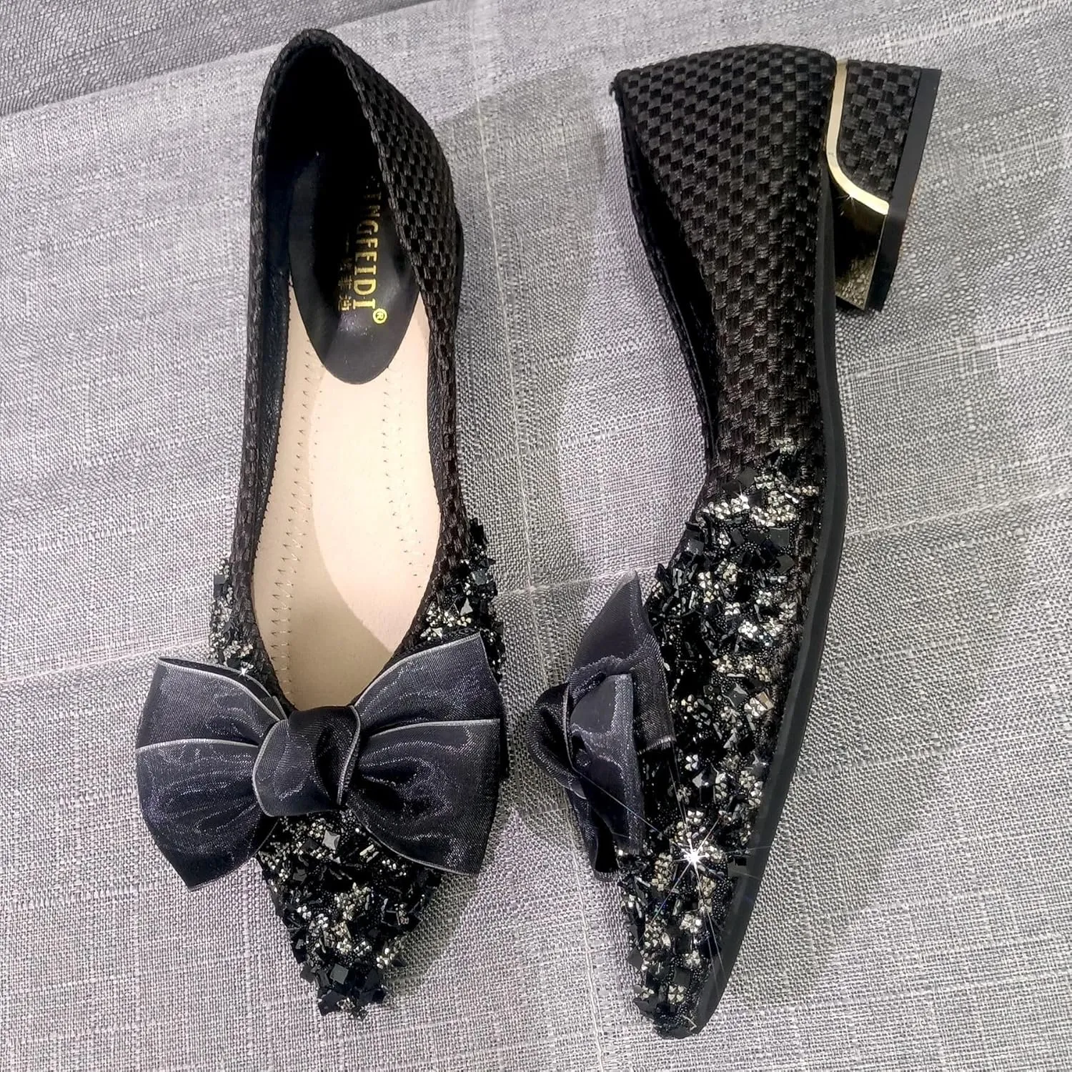 SAFECAMS Rhinestone Chunky Heels for Women's Bow Pumps Low Block Heels Pointed Toe Sexy Slip on Bridal Party Wedding Dress Shoes Pumps
