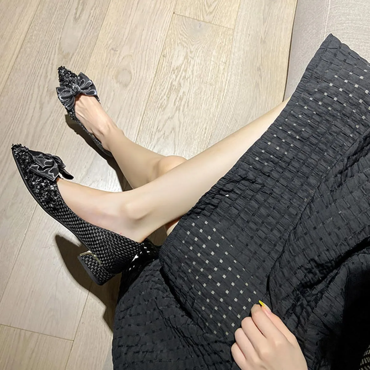 SAFECAMS Rhinestone Chunky Heels for Women's Bow Pumps Low Block Heels Pointed Toe Sexy Slip on Bridal Party Wedding Dress Shoes Pumps