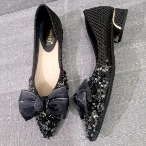 SAFECAMS Rhinestone Chunky Heels for Women's Bow Pumps Low Block Heels Pointed Toe Sexy Slip on Bridal Party Wedding Dress Shoes Pumps
