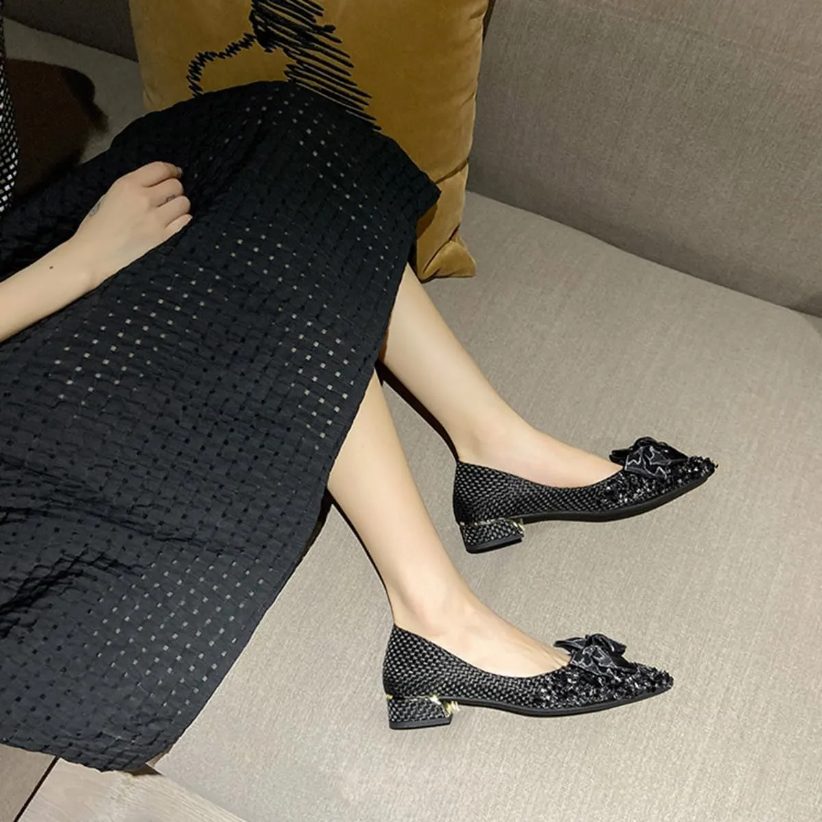SAFECAMS Rhinestone Chunky Heels for Women's Bow Pumps Low Block Heels Pointed Toe Sexy Slip on Bridal Party Wedding Dress Shoes Pumps