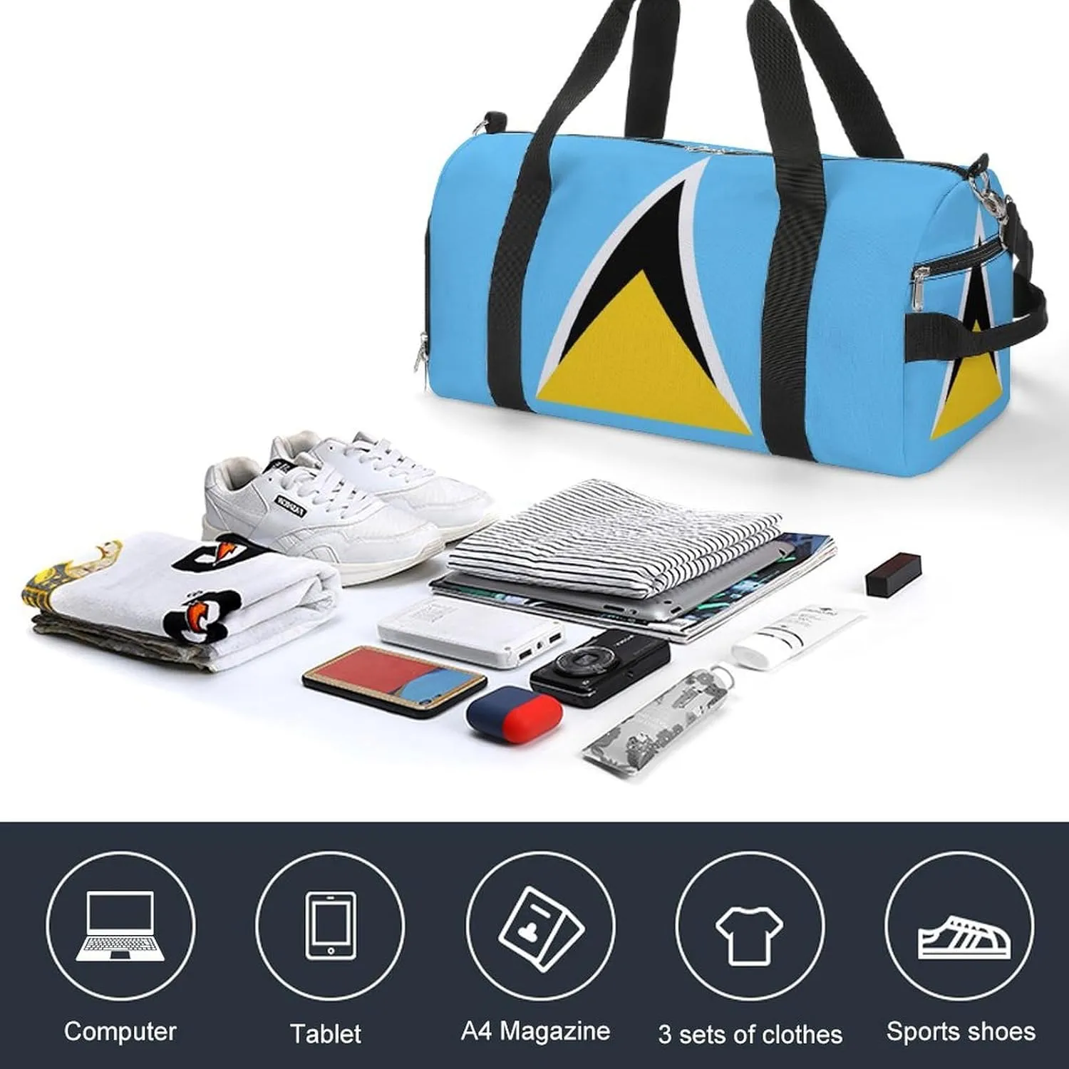 Saint Lucia Flag Gym Duffel Bag for Men Women Shoe Compartment Waterproof Lightweight Weekender