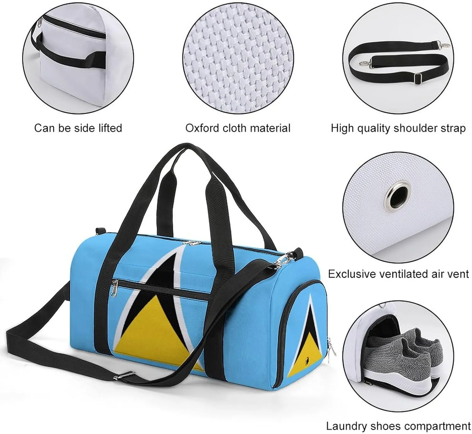 Saint Lucia Flag Gym Duffel Bag for Men Women Shoe Compartment Waterproof Lightweight Weekender