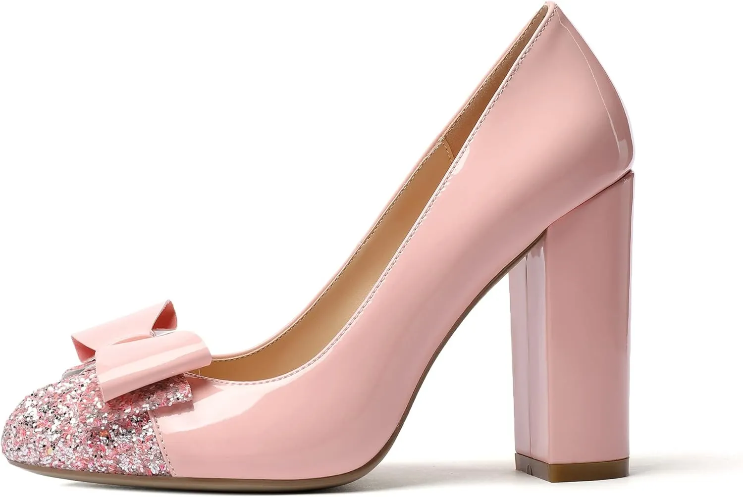 SAMMITOP Women's Block Pumps Round Toe Slip On High Heels Glitter Sequins Ladies Fashion Dress Shoes with Cute Bow