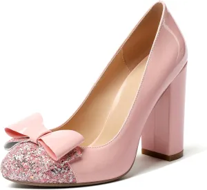 SAMMITOP Women's Block Pumps Round Toe Slip On High Heels Glitter Sequins Ladies Fashion Dress Shoes with Cute Bow