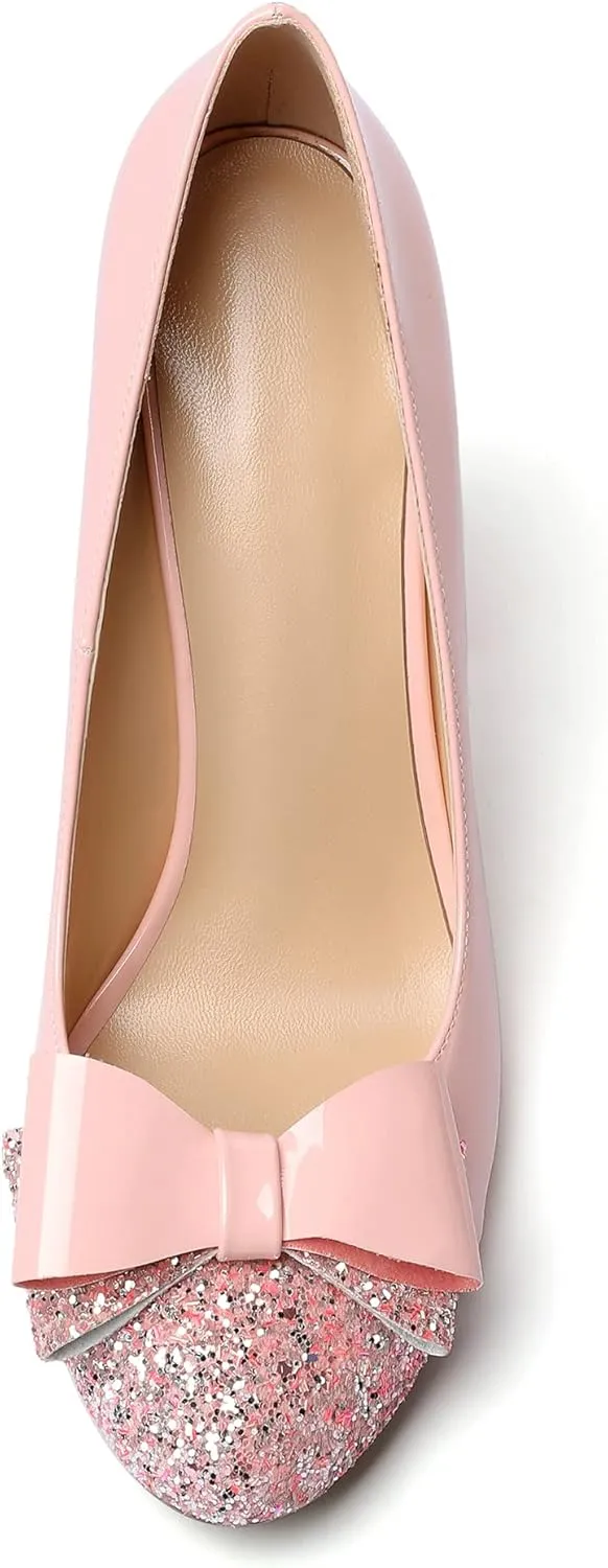SAMMITOP Women's Block Pumps Round Toe Slip On High Heels Glitter Sequins Ladies Fashion Dress Shoes with Cute Bow