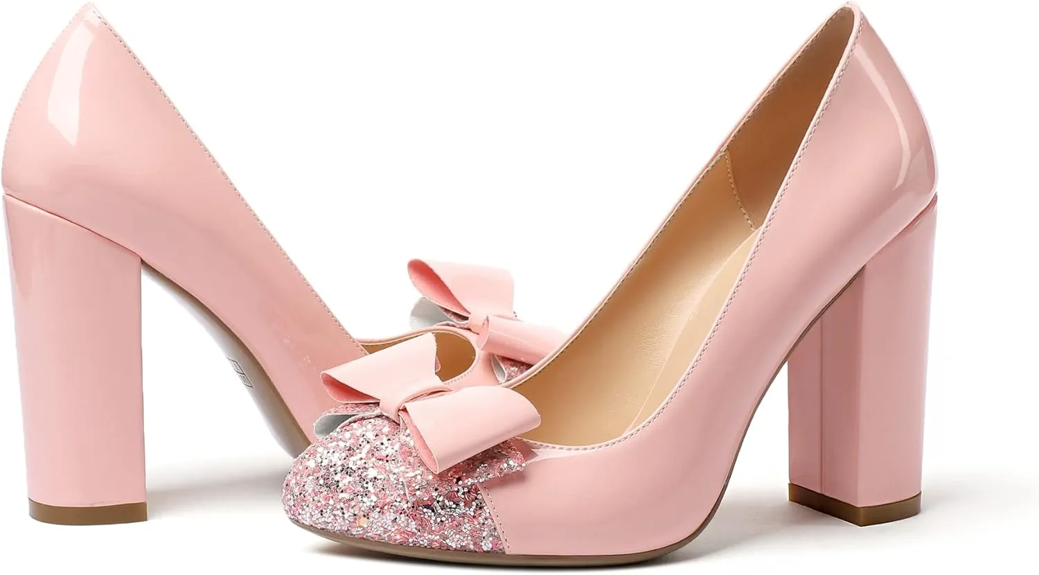 SAMMITOP Women's Block Pumps Round Toe Slip On High Heels Glitter Sequins Ladies Fashion Dress Shoes with Cute Bow