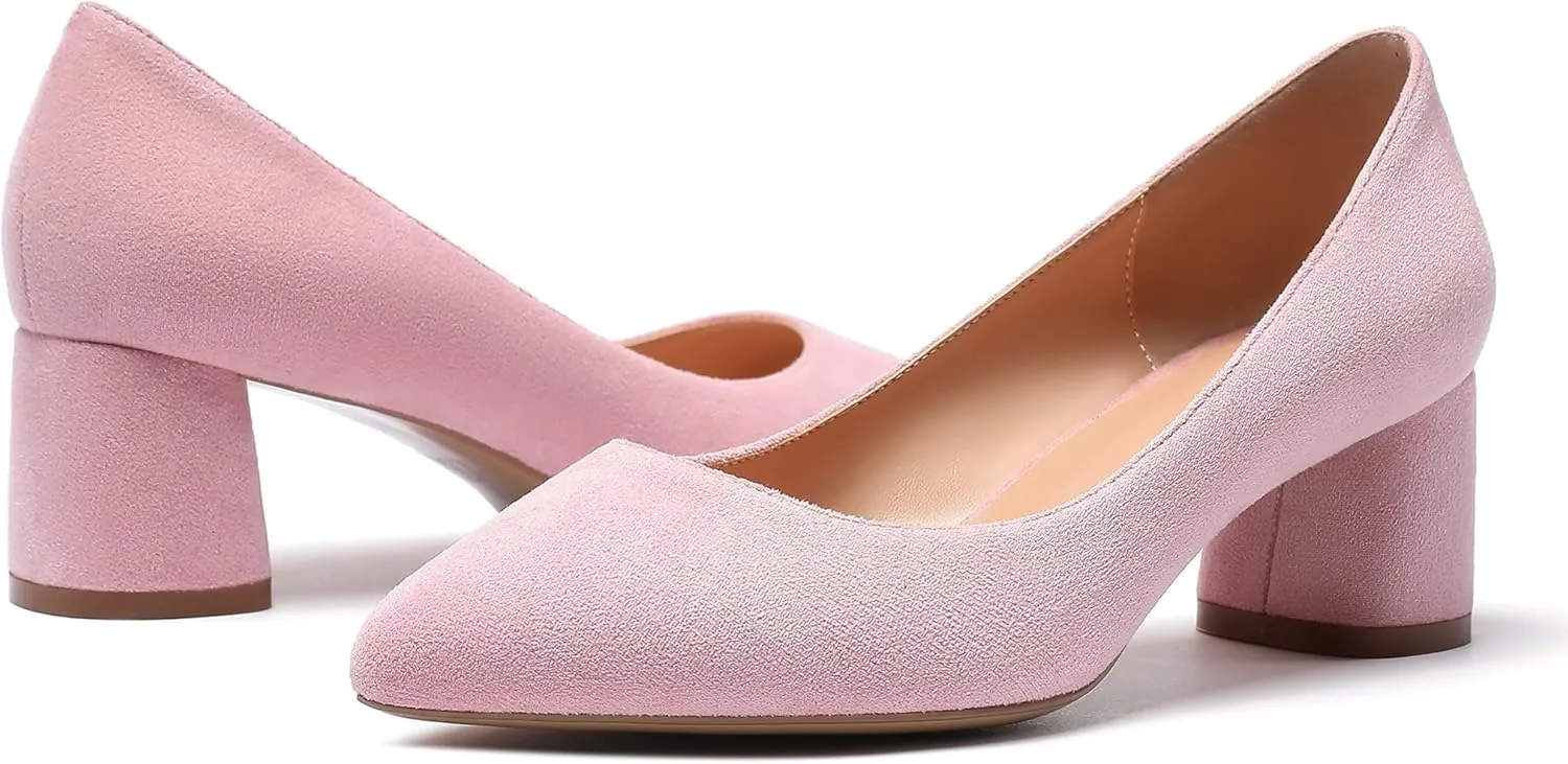 SAMMITOP Women's Women's Chunky Heels Slip-on Pumps Comfortable Leather Mid Heel Pointed Toe Block Office Classic Shoes 5 cm Heel