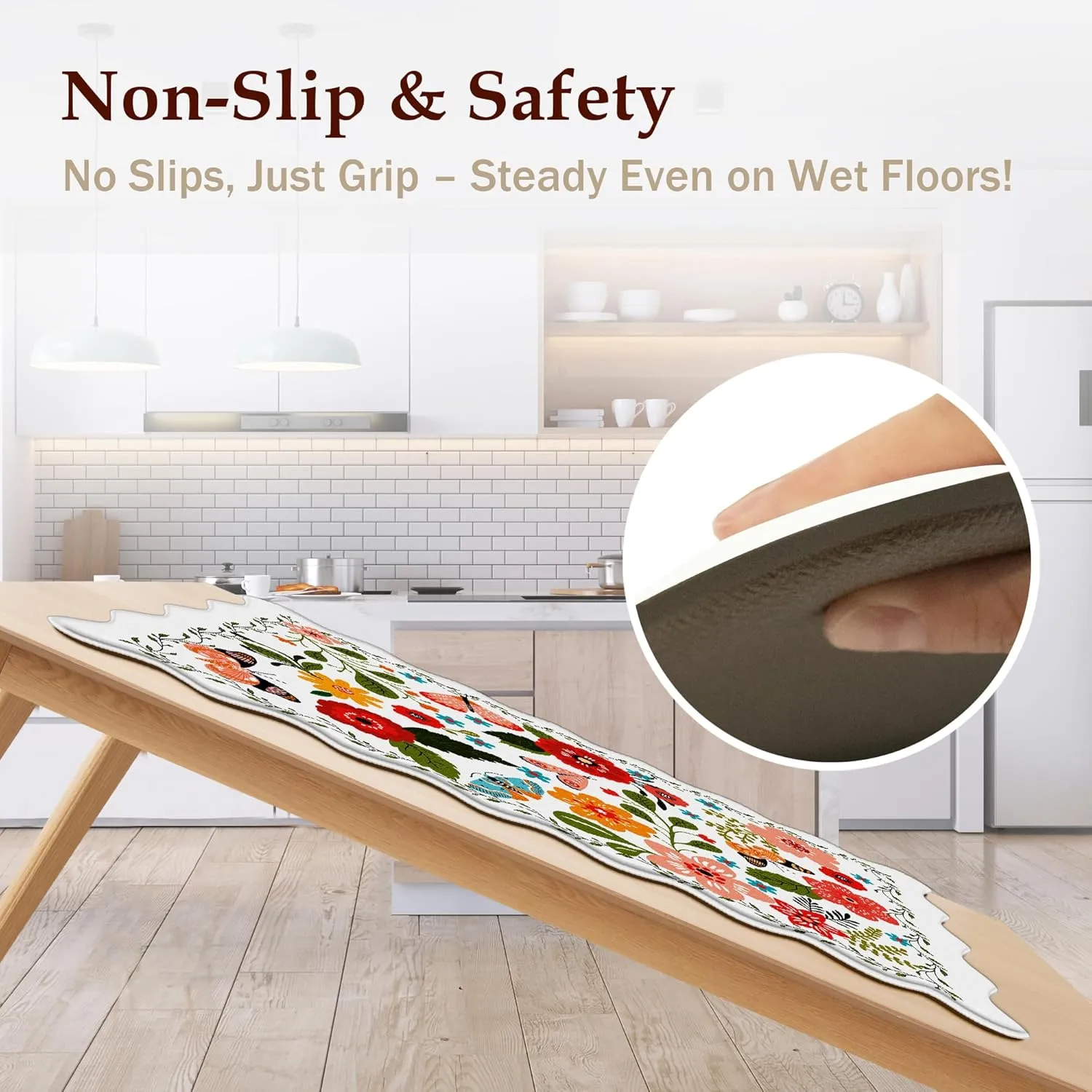 Scalloped Kitchen Mats for Floor 2PC Cushioned Anti Fatigue Kitchen Mats Rugs Waterproof Non Slip Farmhouse Boho Floral Comfort Foam Standing Mat for Sink Laundry, White