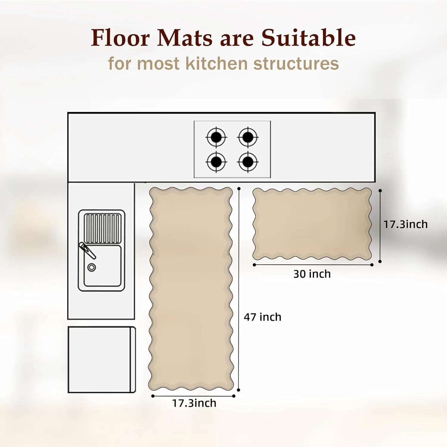 Scalloped Kitchen Mats for Floor 2PC Cushioned Anti Fatigue Kitchen Mats Rugs Waterproof Non Slip Farmhouse Boho Floral Comfort Foam Standing Mat for Sink Laundry, White